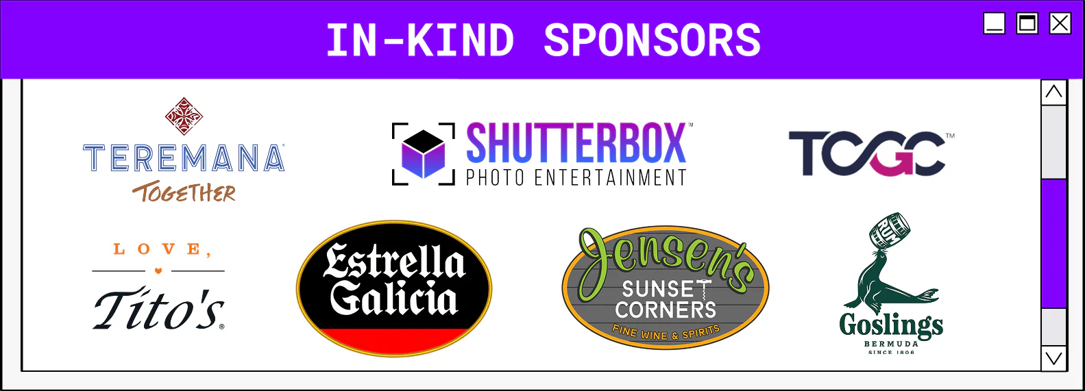 Sponsor box displaying logos for Teremana, Shutterbox Photo Entertainment, TCGC, Tito’s, Estrella Galicia, The Cheesecake Factory, and Goslings.